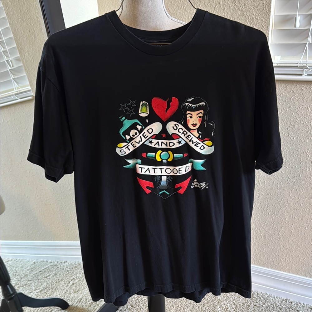 Black Graphic Tee with Tattoo Design